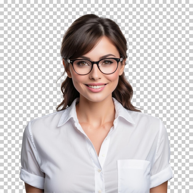 PSD portrait d'une belle femme avec des lunettes isolées sur un fond transparent