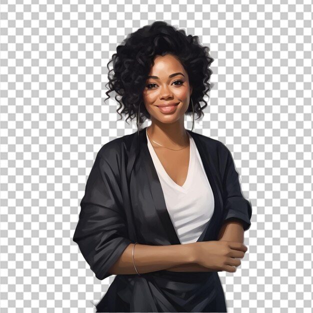 PSD portrait d'une belle femme noire heureuse debout avec les bras croisés isolée sur un fond transparent