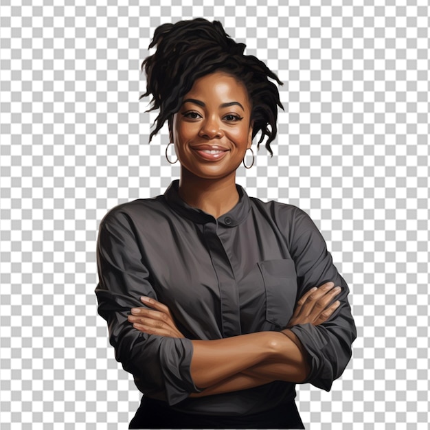 PSD portrait d'une belle femme noire heureuse debout avec les bras croisés isolée sur un fond transparent