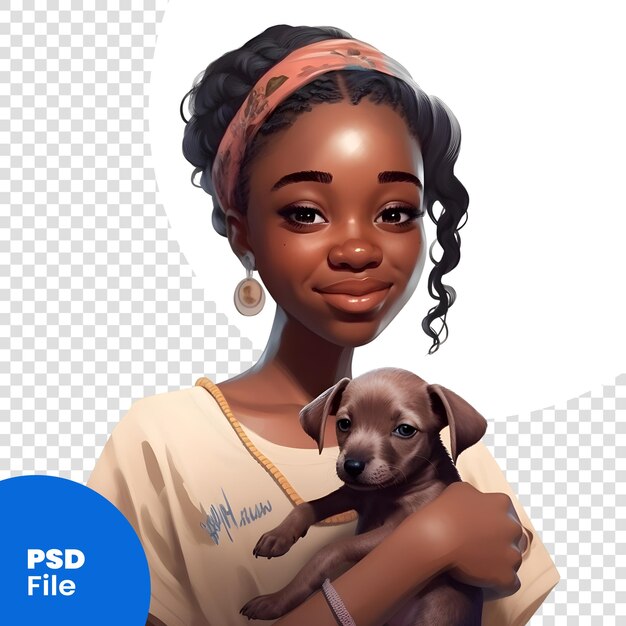 PSD portrait d'une belle jeune femme afro-américaine avec un modèle psd de chien