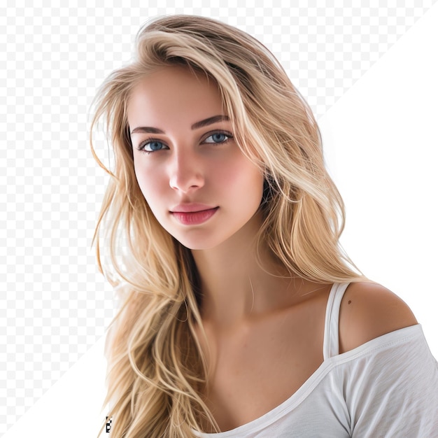 PSD portrait de belle jeune femme aux cheveux blonds sur fond blanc isolé