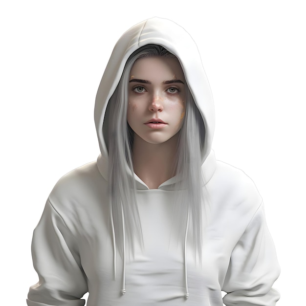 PSD portrait d'une belle jeune femme avec une capuche blanche 3d