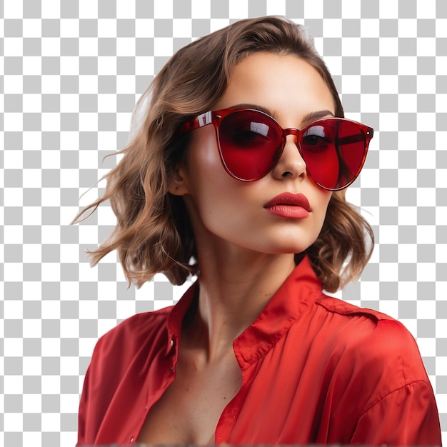 PSD portrait d'une belle jeune femme en robe rouge et lunettes de soleil isolée sur un fond transparent