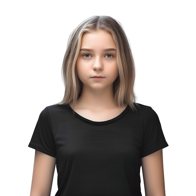 PSD portrait d'une belle jeune fille en t-shirt noir sur fond blanc