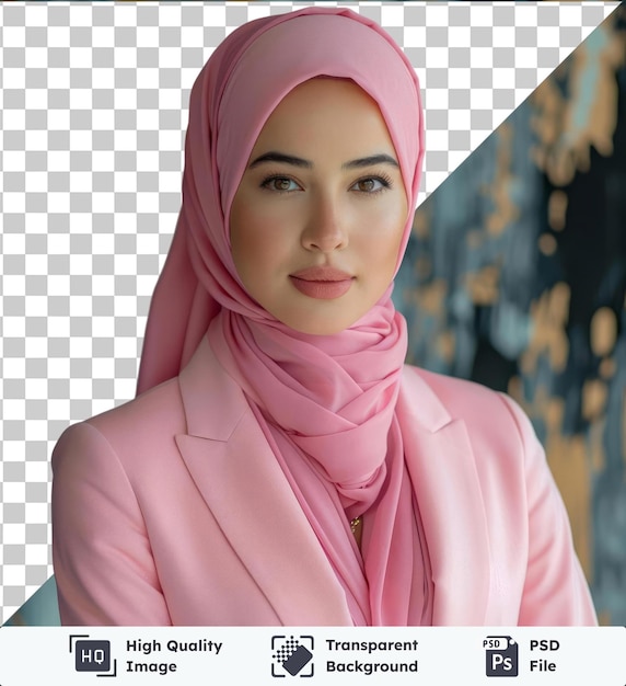 PSD portrait d'une belle mannequin musulmane portant une tenue de bureau rose élégante avec un hijab concept de style beauté de mode