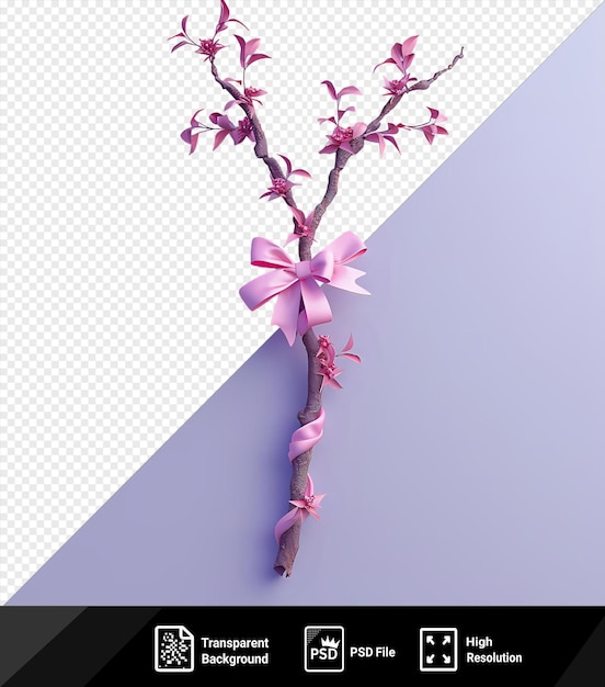 PSD portrait de branche d'arbre festive ornée d'un arc et de fleurs roses contre un ciel bleu et blanc png psd