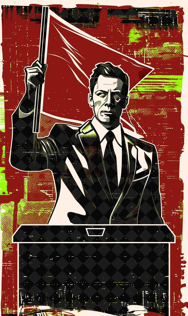 PSD portrait de candidat présidentiel déterminé avec une illustration plate de l'urne électorale