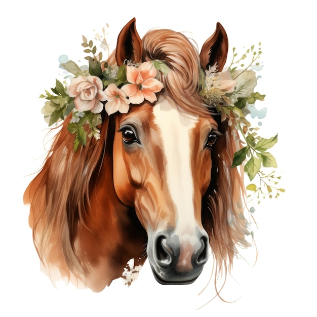 PSD portrait de cheval à tête avec fleurs à l'aquarelle illustration isolée sur fond transparent