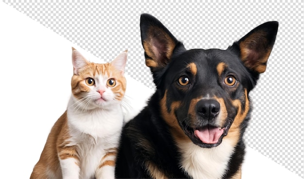 Portrait d'un chien et d'un chat heureux regardant la caméra sur un fond transparent