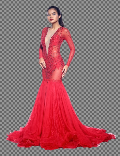 PSD portrait complet du corps d'une femme asiatique des années 20 portant une robe de soirée rouge longue robe de bal. stand de fille de peau bronzée la mode pose des manches longues en dentelle à paillettes élégantes sur fond blanc isolé