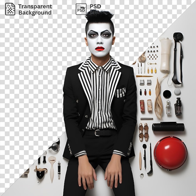 Portrait De Costume Et De Maquillage De Théâtre Musical Professionnel Affiché Sur Un Mur Blanc Avec Un Pantalon Noir, Un Visage Blanc, Des Cheveux Noirs Et Une Main