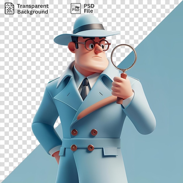 PSD portrait de détective 3d enquêtant sur un crime avec une loupe portant un costume bleu cravate noire et chapeau gris et blanc tout en tenant un jouet bleu