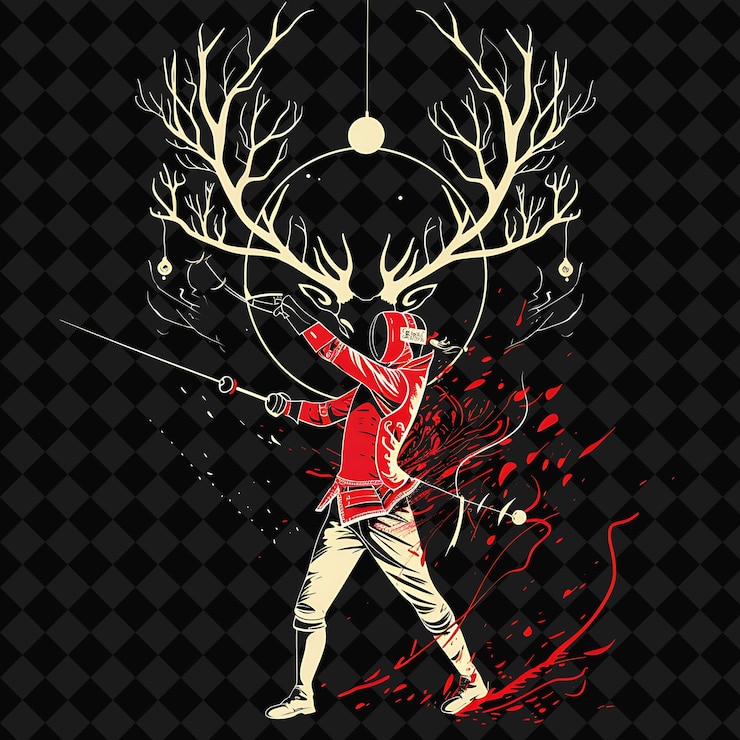 PSD portrait élégant d'un cerf épée tenant une feuille avec une illustration de personnage de guerrier animal.