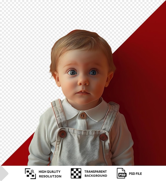 Portrait étonnant D'un Jeune Bébé Avec Une Expression Sérieuse Sur Fond Rouge Avec Des Cheveux Blonds Des Yeux Bleus Un Petit Nez Et Une Oreille Portant Une Chemise Blanche Avec Des Boutons Bruns Png