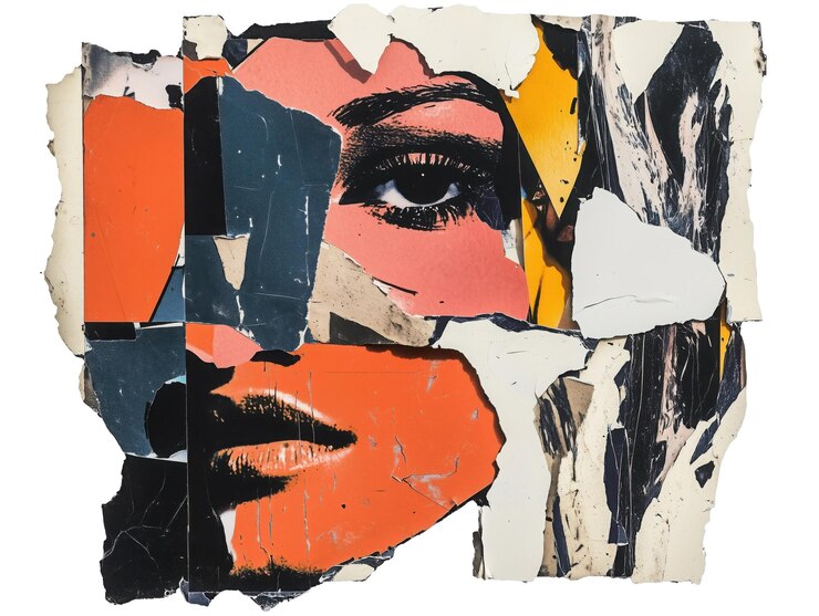 PSD portrait féminin dans la technique du collage visage d'une femme à partir de coupures de journaux morceaux de papier portrait d'art dans le motif des années 90 isolé sur fond transparent