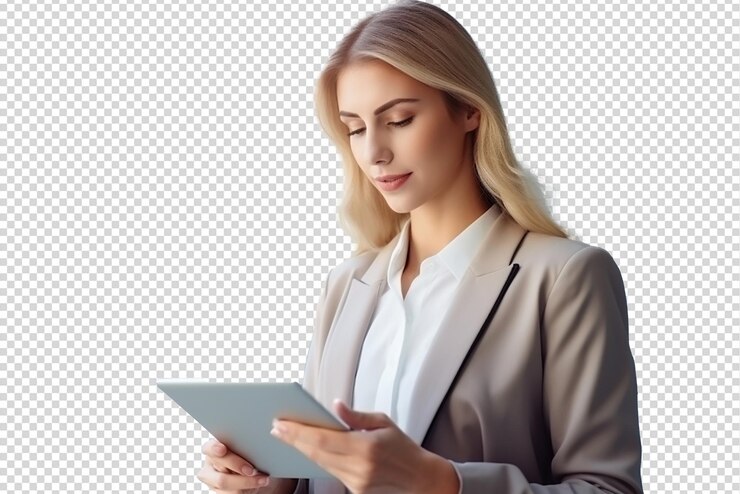 PSD portrait d'une femme d'affaires utilisant une tablette isolée sur un fond transparent