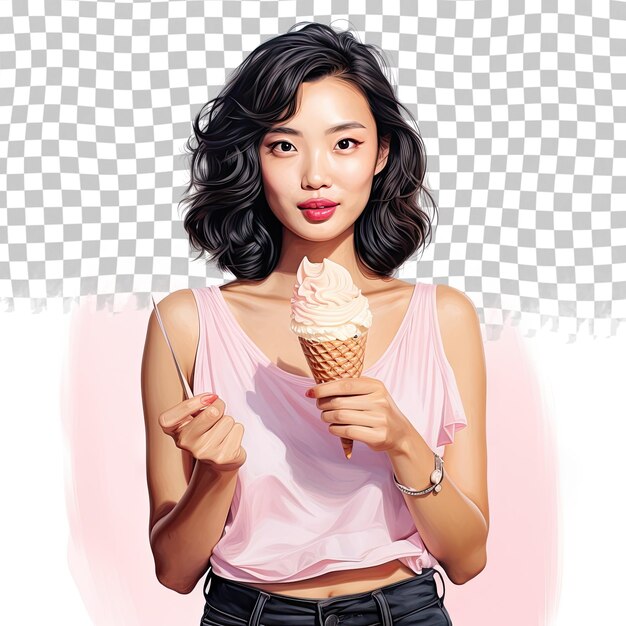 PSD portrait d'une femme asiatique avec de la crème glacée isolé sur un fond transparent