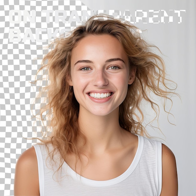 PSD portrait d'une femme heureuse authentique sans maquillage souriant à la caméra debout mignon contre transpare