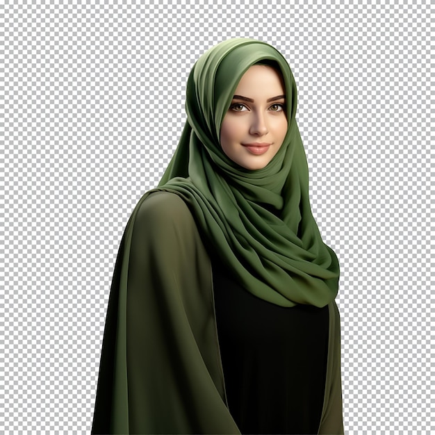 PSD portrait d'une femme musulmane portant un hijab vert isolé sur un fond transparent