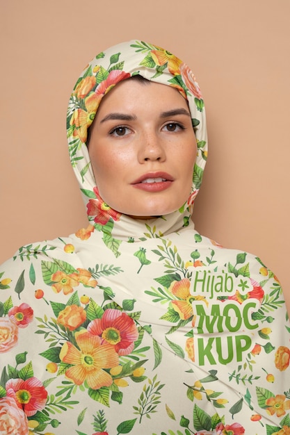 Portrait De Femme Portant Le Hijab Floral Islamique