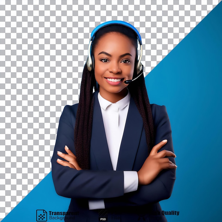 PSD portrait d'une femme professionnelle souriante portant un casque et les bras croisés
