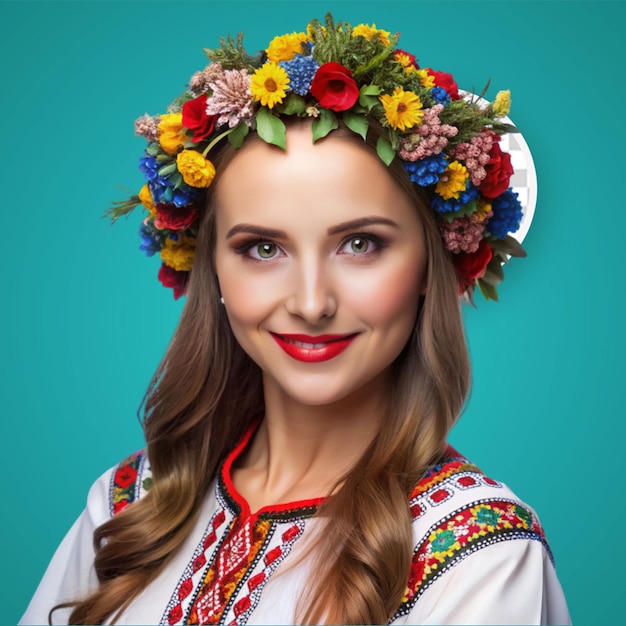 PSD portrait d'une femme ukrainienne en vêtements ethniques traditionnels et une couronne rouge florale sur le studio viva magenta