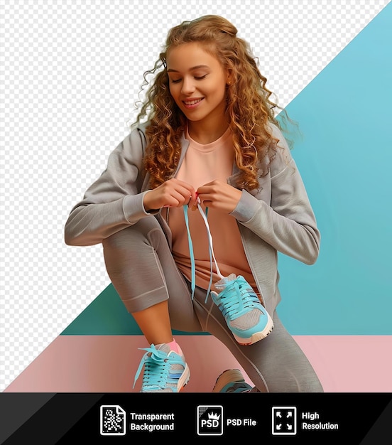 PSD portrait d'une fille aux cheveux bouclés qui attache ses baskets pendant l'exercice avec une chaussure bleue visible au premier plan et une main tenant la chaussure en arrière-plan contre un mur bleu png