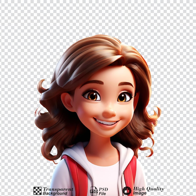 PSD portrait de fille de dessin animé en 3d souriante isolée sur un fond transparent