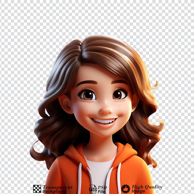 PSD portrait de fille de dessin animé en 3d souriante isolée sur un fond transparent