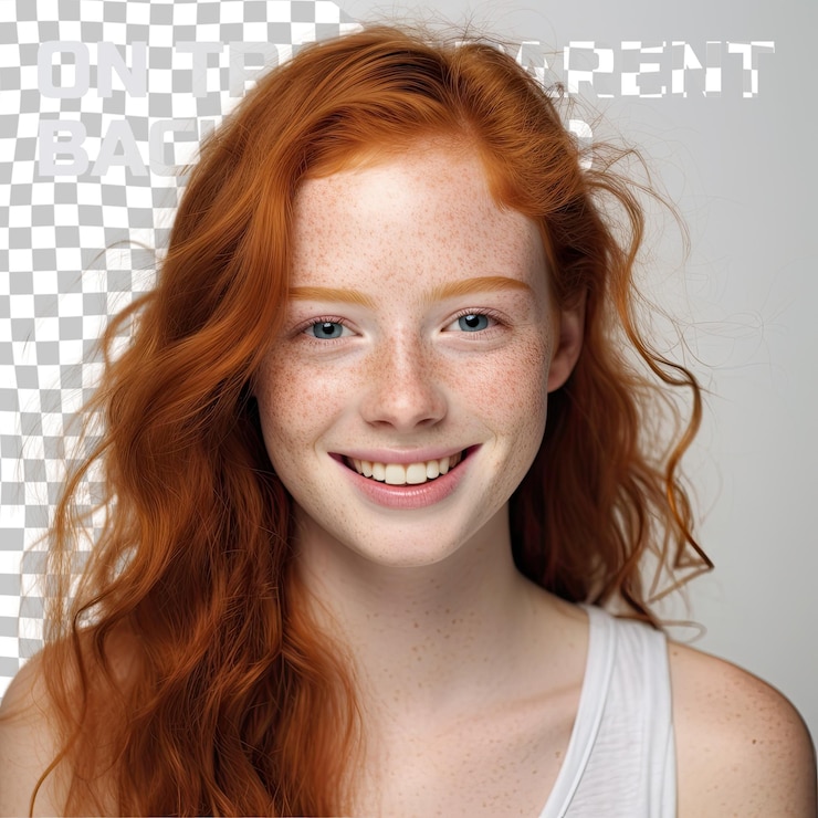 PSD portrait d'une fille rousse heureuse avec des taches de rousseur souriante regardant la caméra à l'arrière-plan transparent