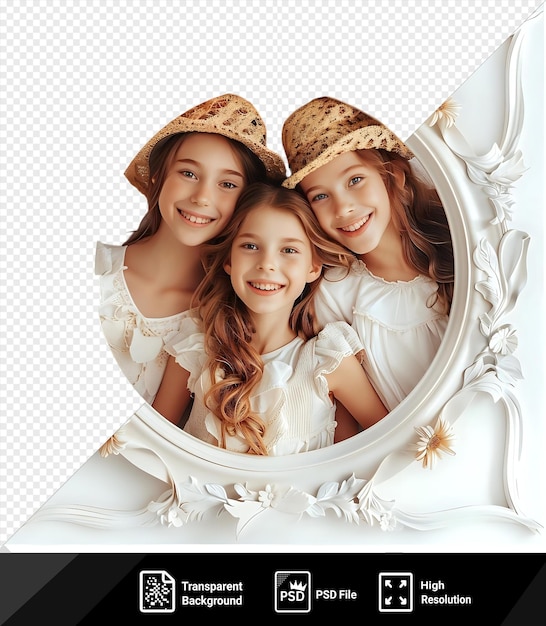 PSD portrait de fond transparent d'une famille heureuse de trois filles sur un fond isolé