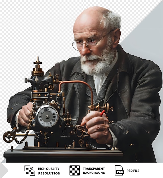 PSD portrait de gottlieb daimler l'inventeur réglant un moteur à combustion interne