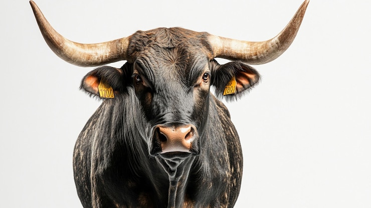 PSD portrait en gros plan d'un grand taureau brun avec de longues cornes sur un fond blanc