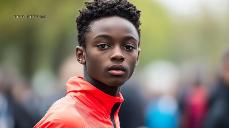 PSD portrait en gros plan d'un jeune garçon afro-américain sérieux à l'extérieur