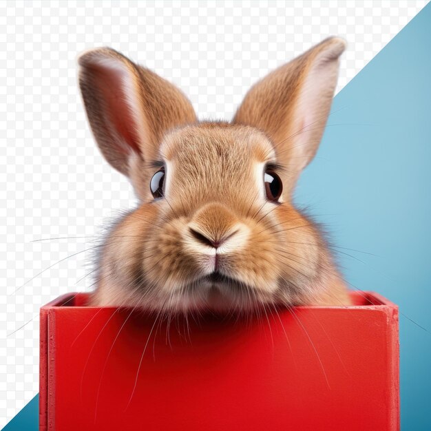 PSD portrait en gros plan d'un lapin dans une boîte rouge sur un fond noir transparent