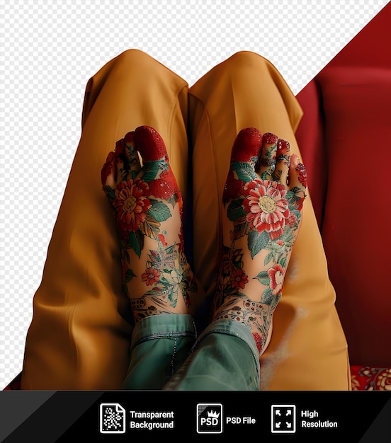 PSD portrait en gros plan des pieds féminins avec tatouage sur un canapé rouge png psd