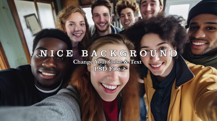 PSD portrait d'un groupe d'amis multiraciaux heureux prenant une photo sur une image générée par l'ia de classe