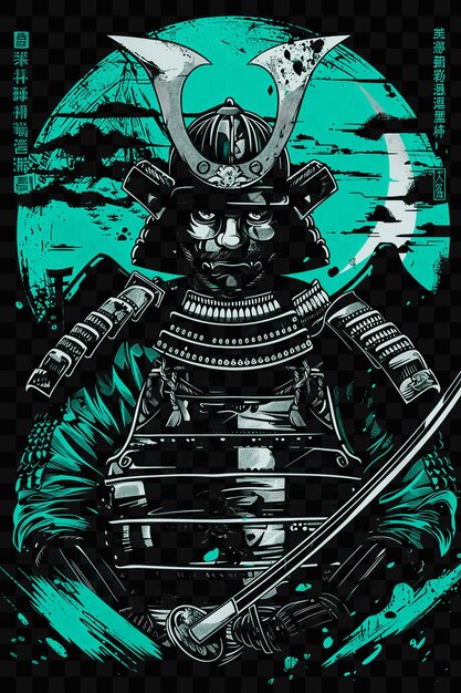 PSD portrait de guerrier japonais ashigaru avec une armure traditionnelle un t-shirt tatouage collage art