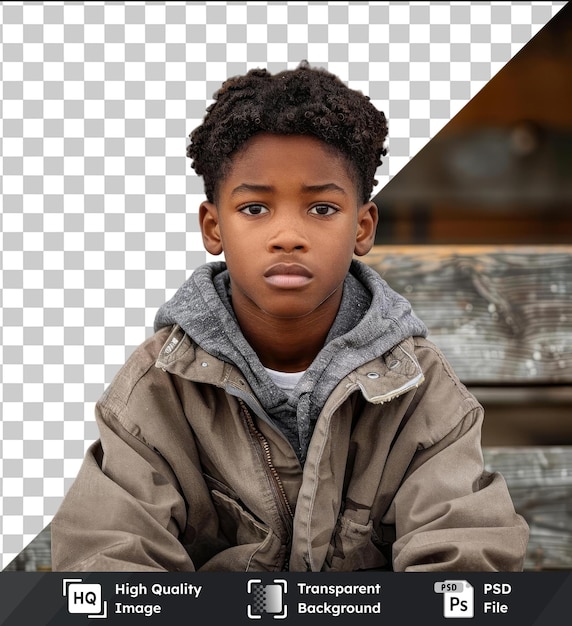 Portrait De Haute Qualité D'un Garçon Afro-américain Assis Sur Un Banc Dans Un Espace Urbain Présentant Ses Caractéristiques Distinctives, Y Compris Une Petite Oreille, Des Yeux Bruns, Des Cheveux Noirs Et