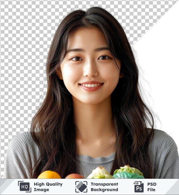 PSD portrait de haute qualité de psd belle jeune femme asiatique souriant avec un panier d'épicerie du supermarché avec des yeux bruns nez et cheveux portant une chemise grise