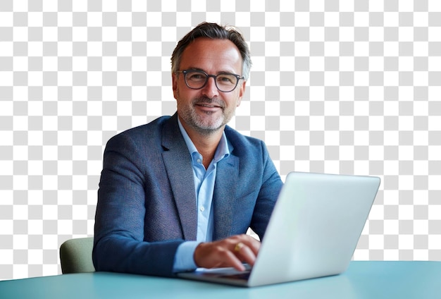 Portrait d'un homme d'affaires confiant avec des lunettes et un ordinateur portable souriant