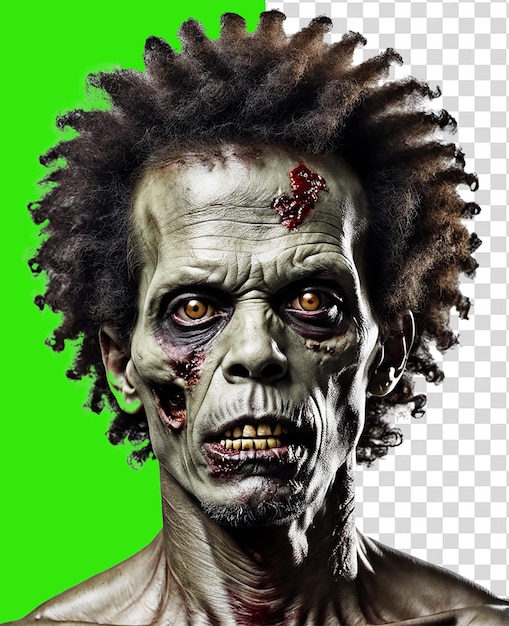 Portrait d'un homme afro zombie effrayant afro-américain cadavre ressuscité fond transparent PNG