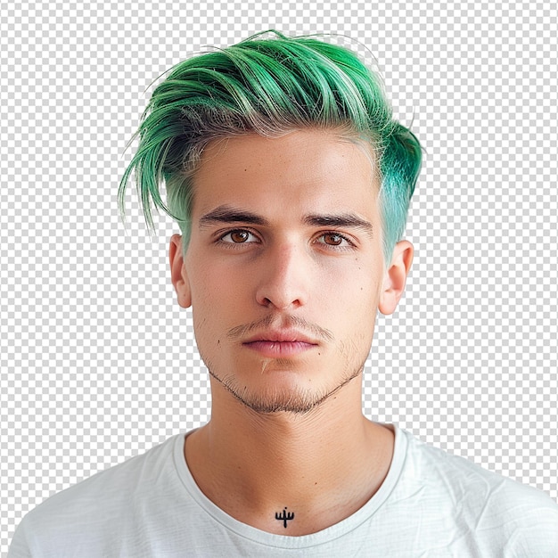 PSD portrait d'un homme aux cheveux verts isolé sur un fond transparent