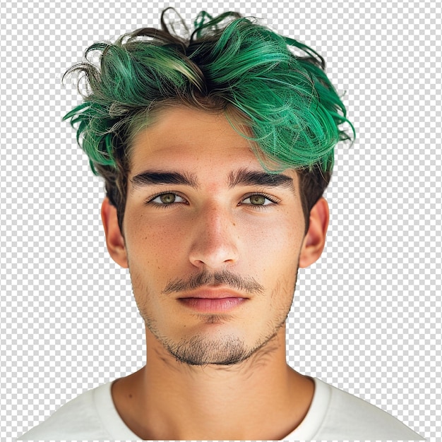 PSD portrait d'un homme aux cheveux verts isolé sur un fond transparent