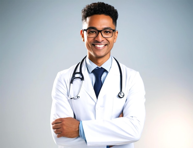 Portrait d'un homme heureux et sympathique, un médecin latin indien, un médecin portant un manteau blanc avec un stethoscope.