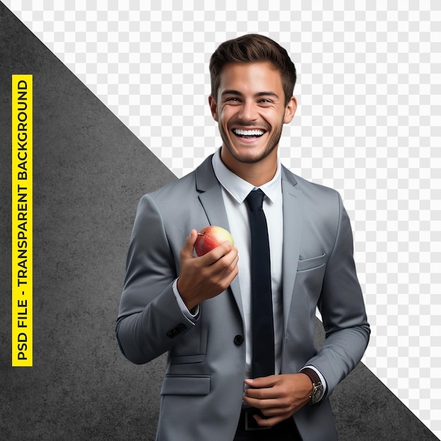 Portrait D'un Homme Souriant En Costume Mange Une Pomme Fond Transparent Psd