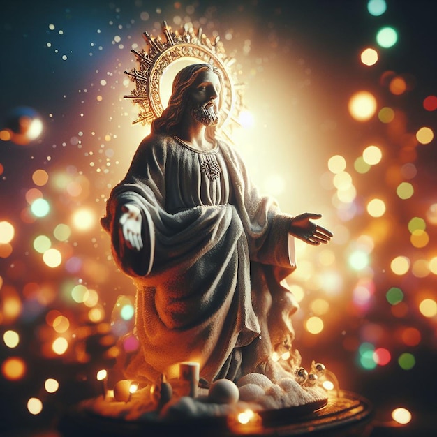 PSD portrait hyper-réaliste de la statue et du visage du saint jésus aimé avec des lumières de fond vibrantes.