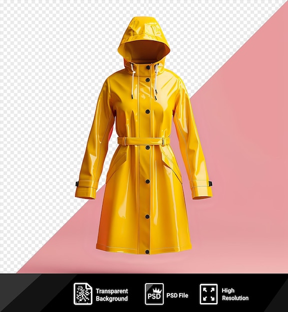 PSD portrait imperméable jaune isolé sur un fond transparent avec des boutons noirs et un long bras avec une ombre sombre au premier plan