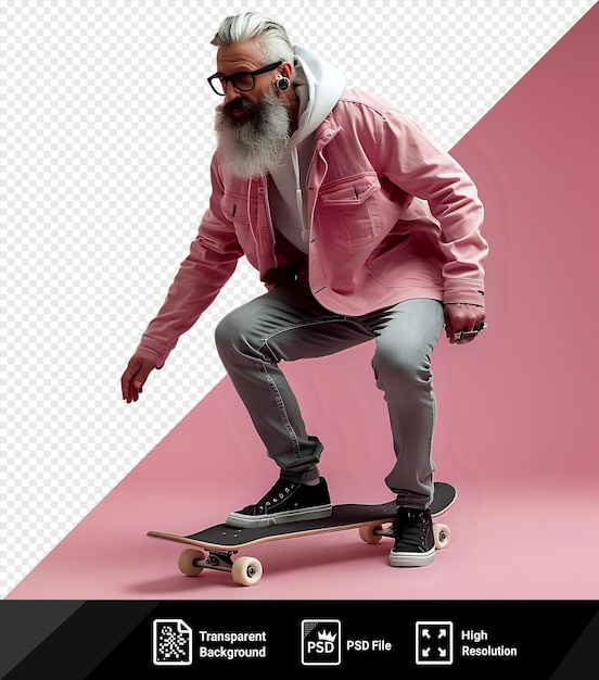 PSD portrait in voller länge eines fröhlichen, stilvollen, grauhaarigen, bärtigen skateboarders, der das brett mit einem fuß schiebt, mit rosa jacke, schwarzer brille und schwarzen schuhen.