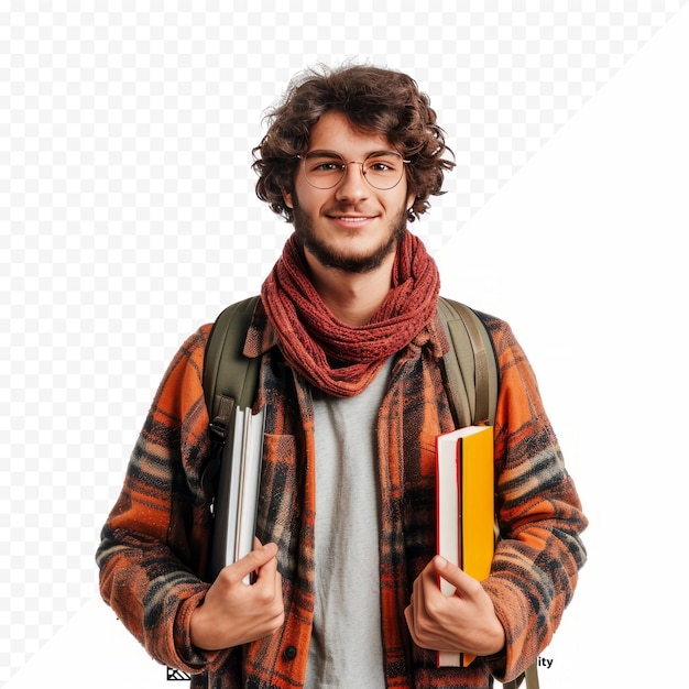 Portrait D'un Jeune étudiant Universitaire Souriant Avec Des Livres Et Un Sac à Dos Sur Un Fond Blanc Isolé